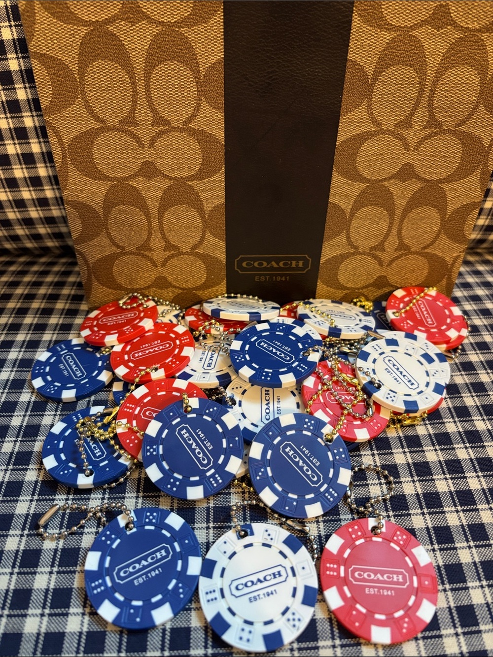 Coach Poker Chip Keychain your choice of one in Blue, Red & White with Logo
